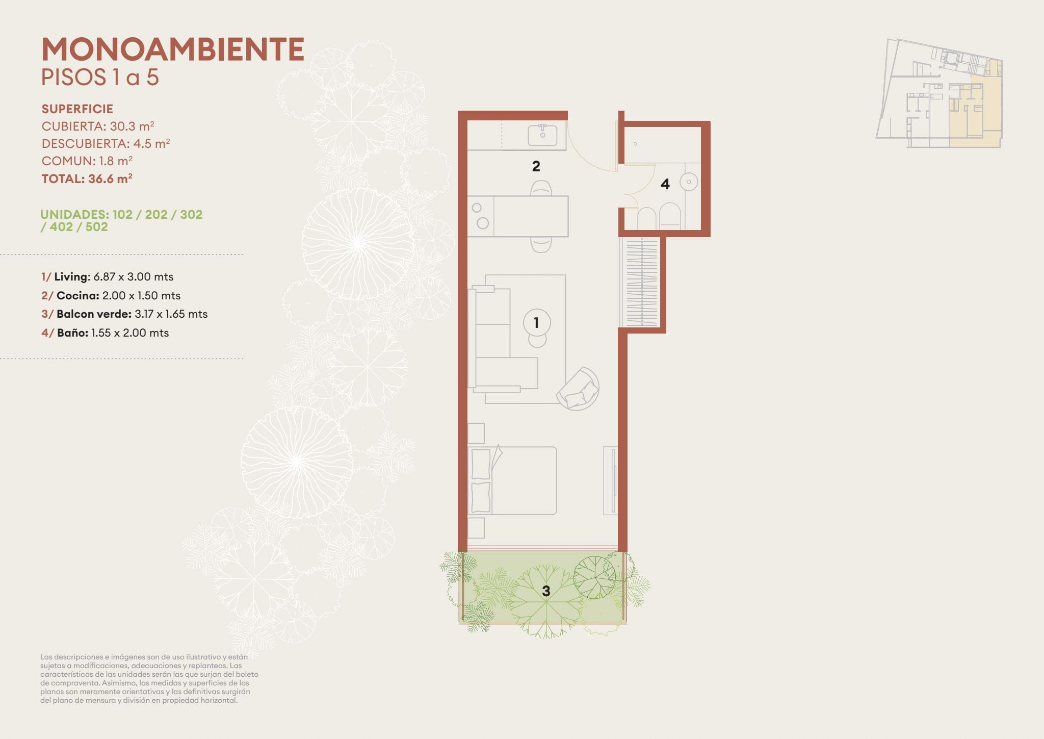 Plano del monoambiente de pisos 1 a 5, con balcón verde al contrafrente